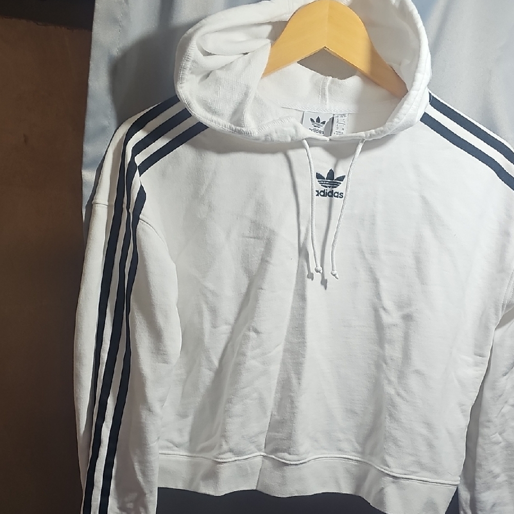 Adidas White and Black Striped Hoodie